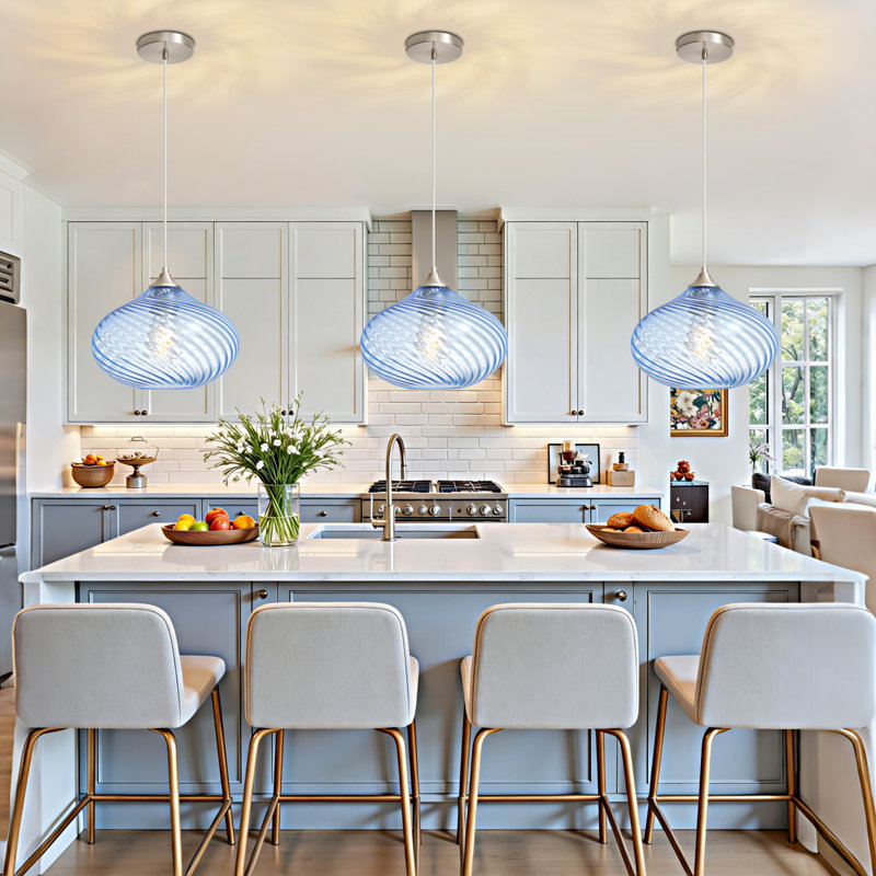 1 - Light Gold Kitchen Island Single Pendant Light With 11in Striped Blue Glass Shade, Blue