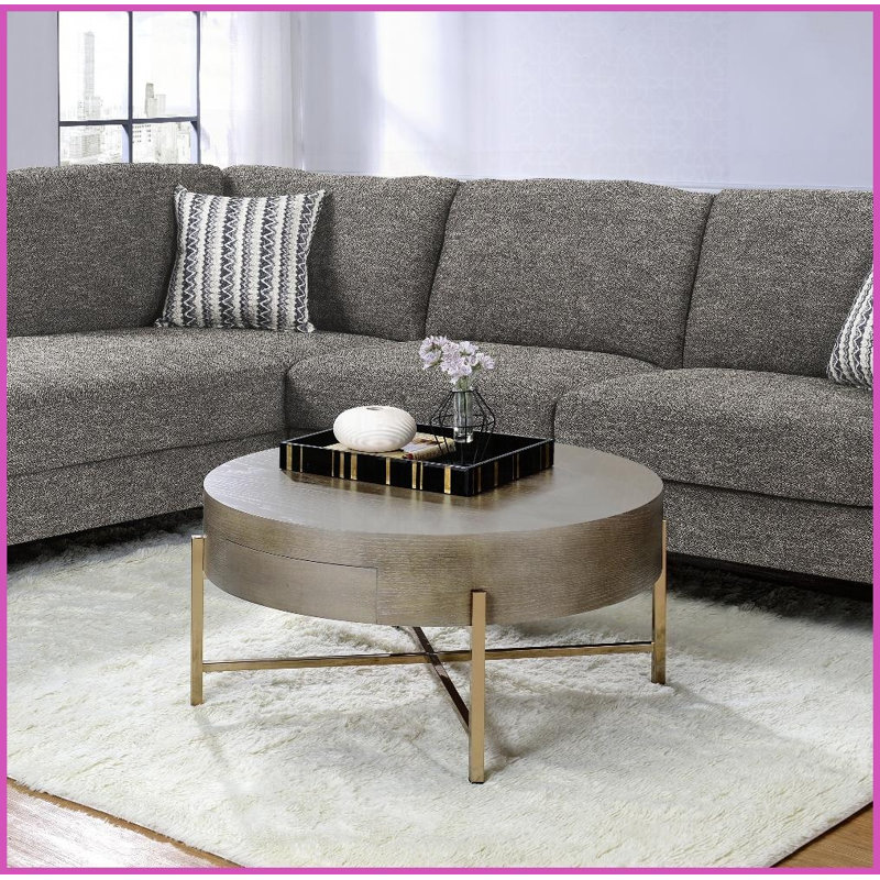 En forme de tambour brun clair & amp; Table basse champagne pour le salon, 1 tiroir de rangement et amp; Assemblage facile