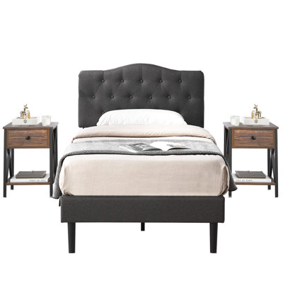 Ensemble de chambre à coucher avec lit et table de chevet 3 pièces Kempst