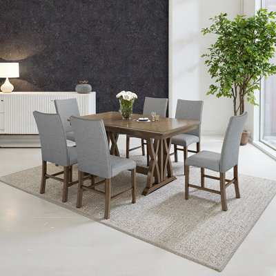 7-Piece Mid-Century Dining Set – Solid Rubber-Wood Table 48-60" w/ 12" Leaf, Trestle Base, 6 Dot-Upholstered Gray Chairs, Golden-Brown Finish, Vietnam-Crafted