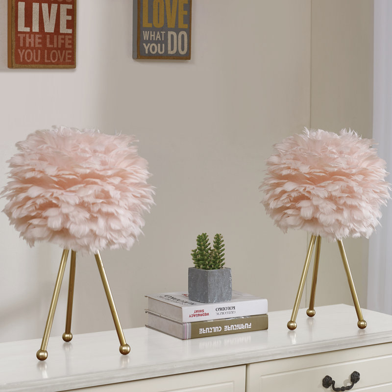 Marjorie 19" Modern Glam Feather Gold Tripod Table Lamp with Soft Lighting, Pink Feather