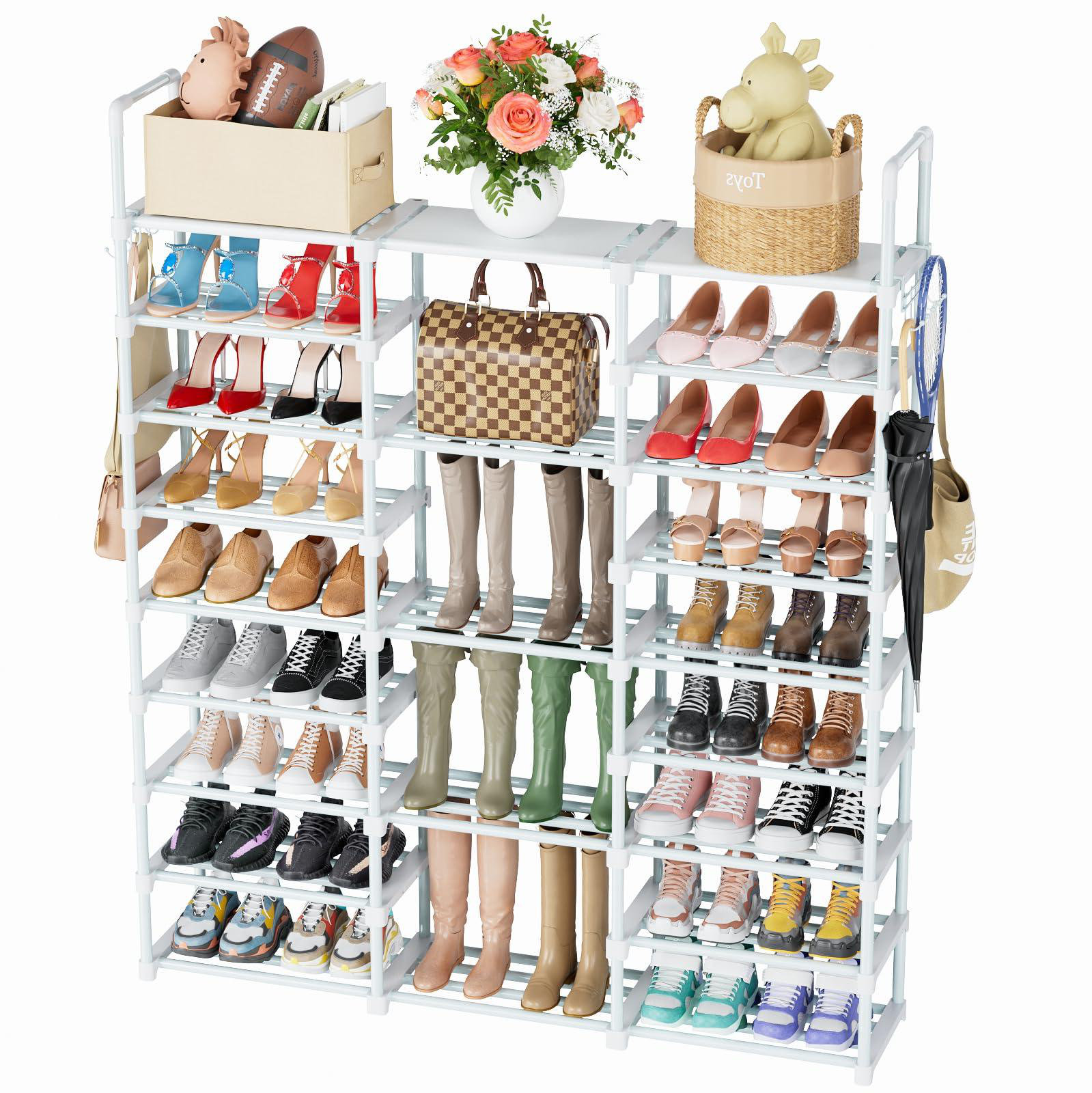 Large Capacity Stackable Tall Shoe Shelf Storage to 50-55 Pairs Shoes and  Boots Sturdy Metal
