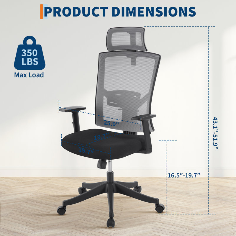  Ergonomic High Back Mesh Office Chair – Adjustable Lumbar, Headrest, Rotate-Up Arms, Breathable, Tilt Lock, 350 lbs Capacity, Rolling, For Home Office, Gaming – Black Frame Grey Mesh