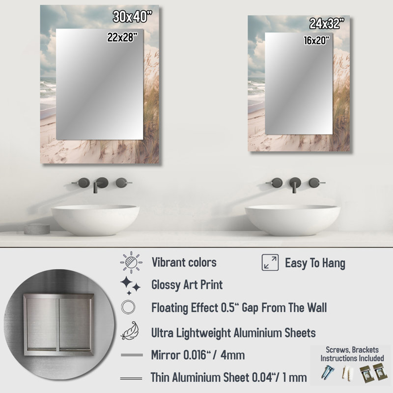 Beach Grass Landscape IV - miroir décoratif de plage, miroir mural blanc, impression d'art en métal, 32 po x 24 po
