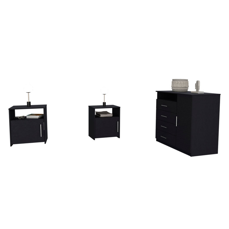 Ensemble de chambre à coucher 3 pièces, commode avec 2 tiroirs Solon, noir