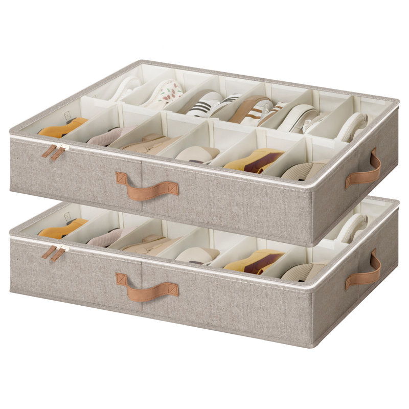 Fabric Shoe Storage Containers with Adjustable Dividers, Under Bed Shoe Organizer fits up to 24 Pairs, Brown, Brown