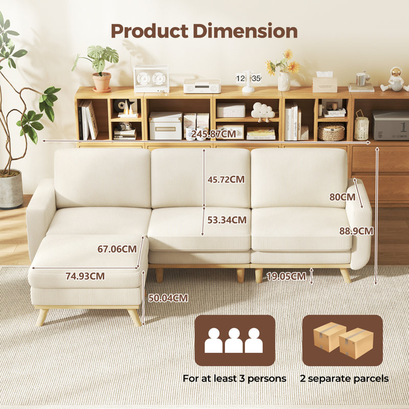 Modular Corner Sofa, L-shaped Couch With Movable Ottoman, Comfy Corduroy Couch With Spring Cushion, Beige
