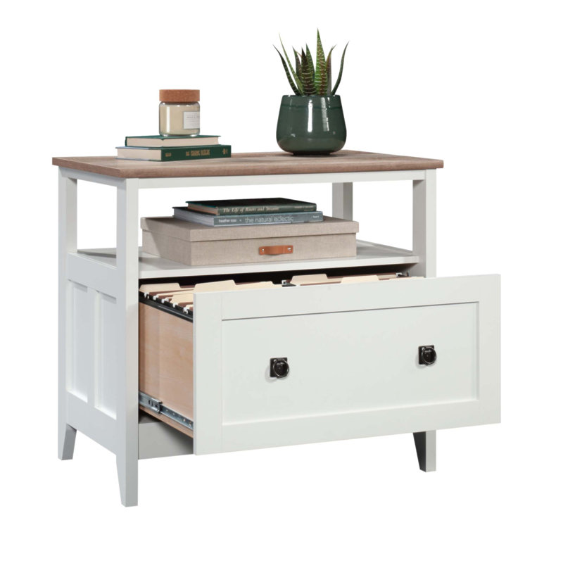 Classeur latéral polyvalent avec grand tiroir et tablette ouverte pour une organisation efficace du bureau à domicile