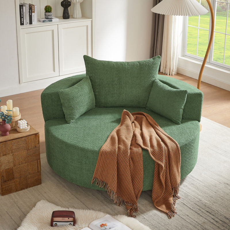 55"W Upholstered Oversized Swivel Barrel Accent Chair, 26.9" H x 55.1" W x 55.1" D, Green Chenille