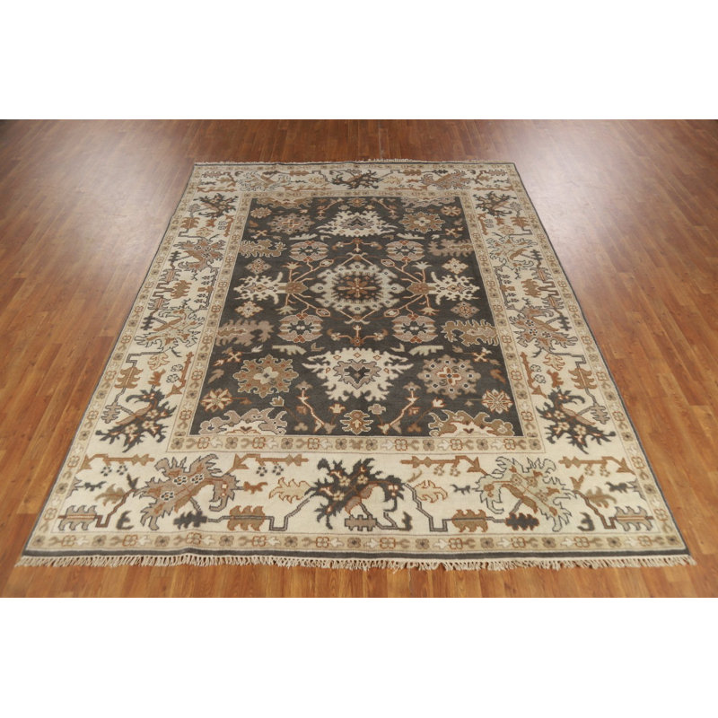 Tapis gris foncé à motif floral Oushak 8 x 10