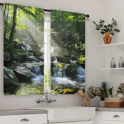 2Pcs Waterfall Forest Stream Nature Landscape Print Curtains Sunshine Ray Green Trees Water Scenery Window Drapes Rod Pocket Living Room Bedroom Kitchen Home Decor