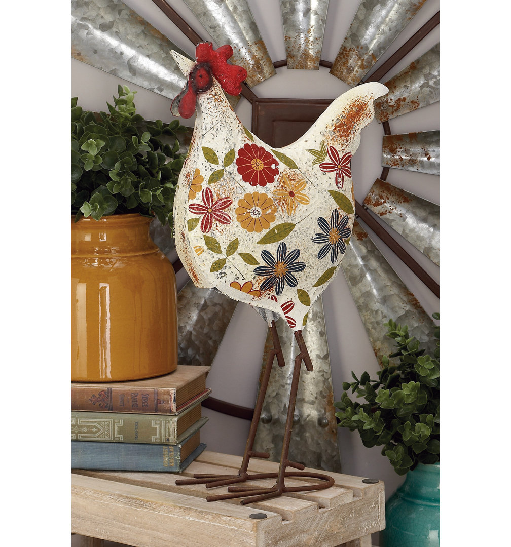 Metal Indoor Outdoor Standing Rooster Decorative Garden Sculpture with U Shaped Feet August Grove®