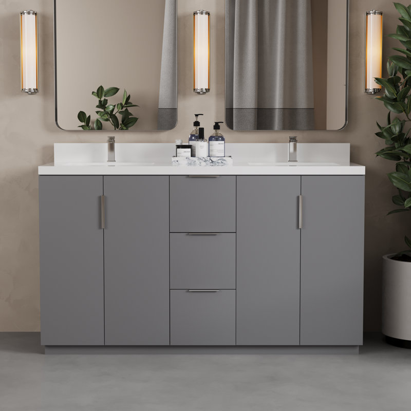 Meuble-lavabo double Varnam, 63", Gris