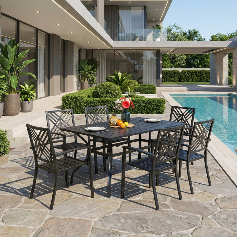  Ensemble de salle à manger 7 pièces pour patio, chaises empilables et ensemble de table pour le jardin, la cour arrière, la piscine