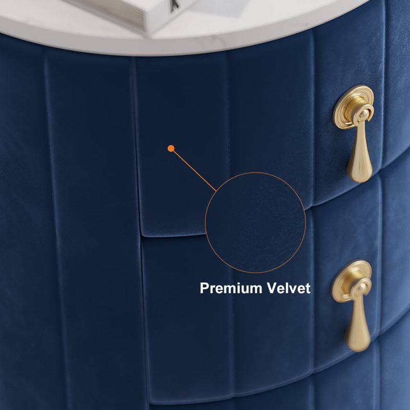 Blue 3 Drawers Velvet Round Nightstand With Sintered Stone Top, Blue