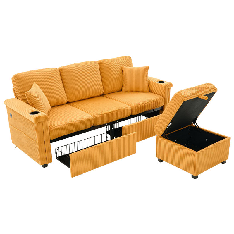 Siège en velours côtelé à 4 places en L avec rangement escamotable, porte-gobelets et coussins moelleux pour les espaces de vie confortables Tissu jaune moutarde, décoration multifonctionnelle élégante