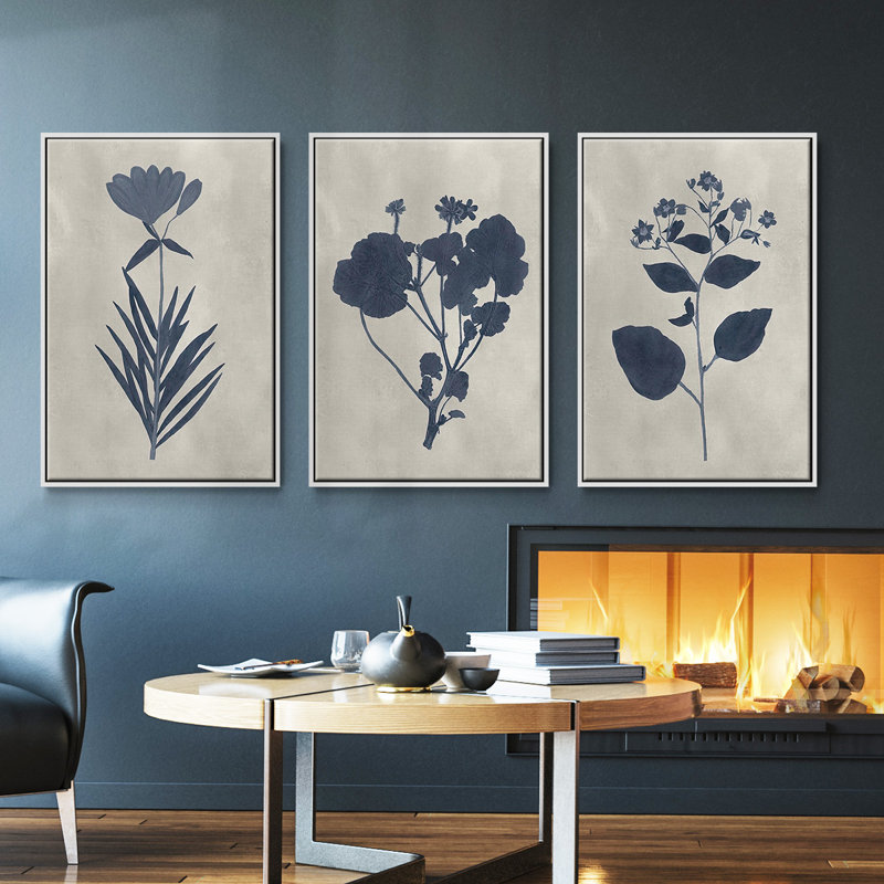 Ensemble de 3 pièces encadrées sur toile "Marine Pressed Flowers I", Blanc, H 36 po x l 72 po
