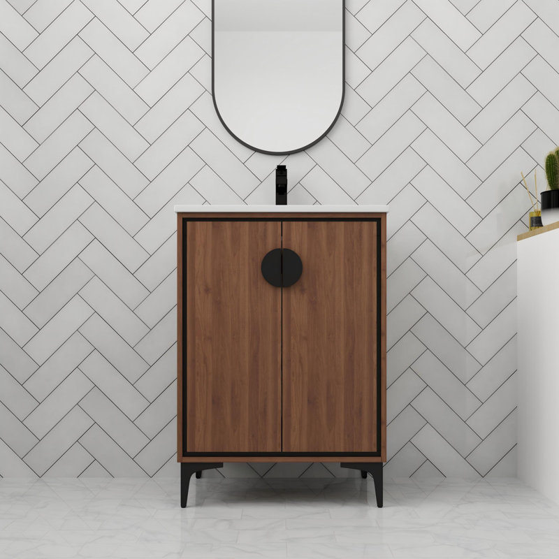 Bathroom Vanity With Ceramic Sink In 24 Inch, Freestanding Bathroom Vanity With Soft Close Door, 24"