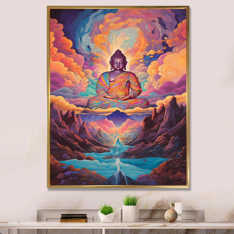 Bouddha psychédélique dans les montagnes - reproduction sur toile, Cadre flottant doré, H 32 po x l 16 po x P 1 po