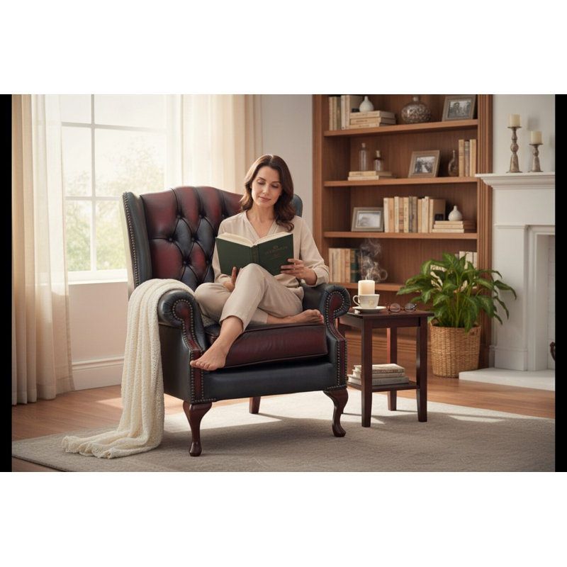 1 Seater Genuine Leather Loveseat, Red/Grey, Walnut
