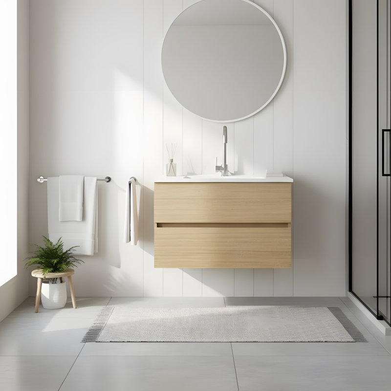 Meuble-lavabo mural de 32 pouces avec deux tiroirs et lavabo en céramique, Naturel