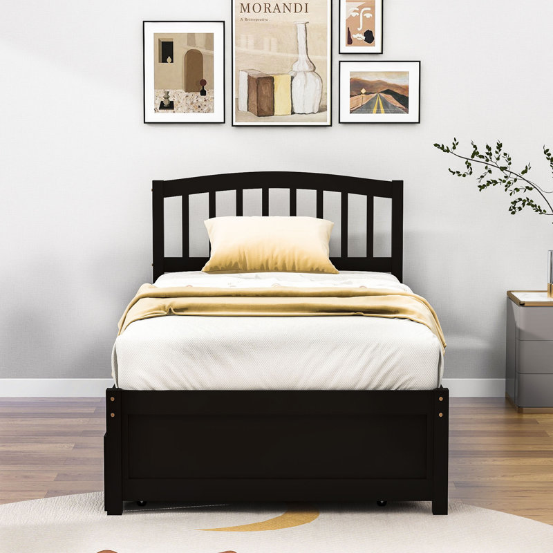 Twin Size Platform Bed with Trundle and Headboard, Espresso