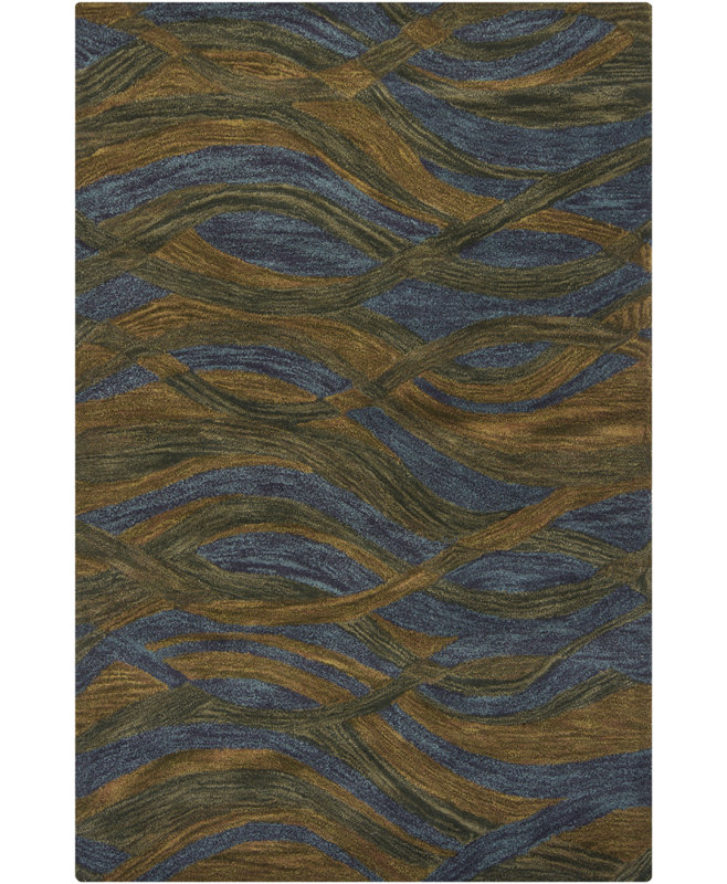Tapis en laine tissé à la main bleu, vert, doré et jaune Chimzara, Rectangle 7 pi 9 po x 10 pi 6 po, Blue/Yellow/Gold/Green