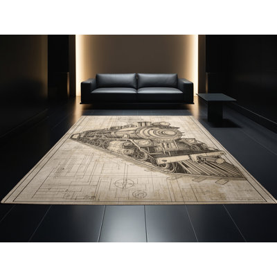 Tapis beige industriel lavable à la machine à motif de locomotive Paizley