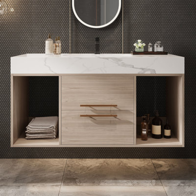 Meuble-lavabo flottant 39,4 po avec lavabo en céramique, 2 tiroirs à fermeture en douceur et plateau en ardoise blanche