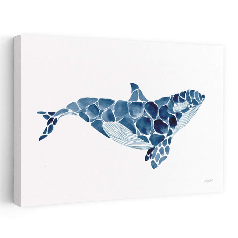 Baleine côtière; Indigo nautique bleu blanc bord de mer indigo, H 36 po x l 24 po