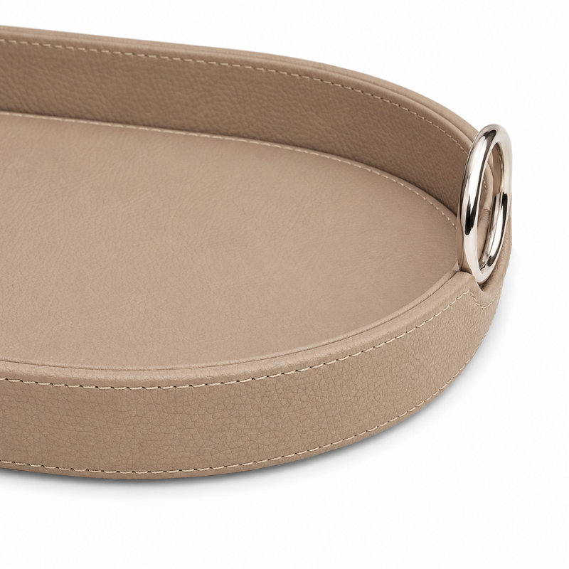 Saddle Leather Oval Tray In Stainless Steel