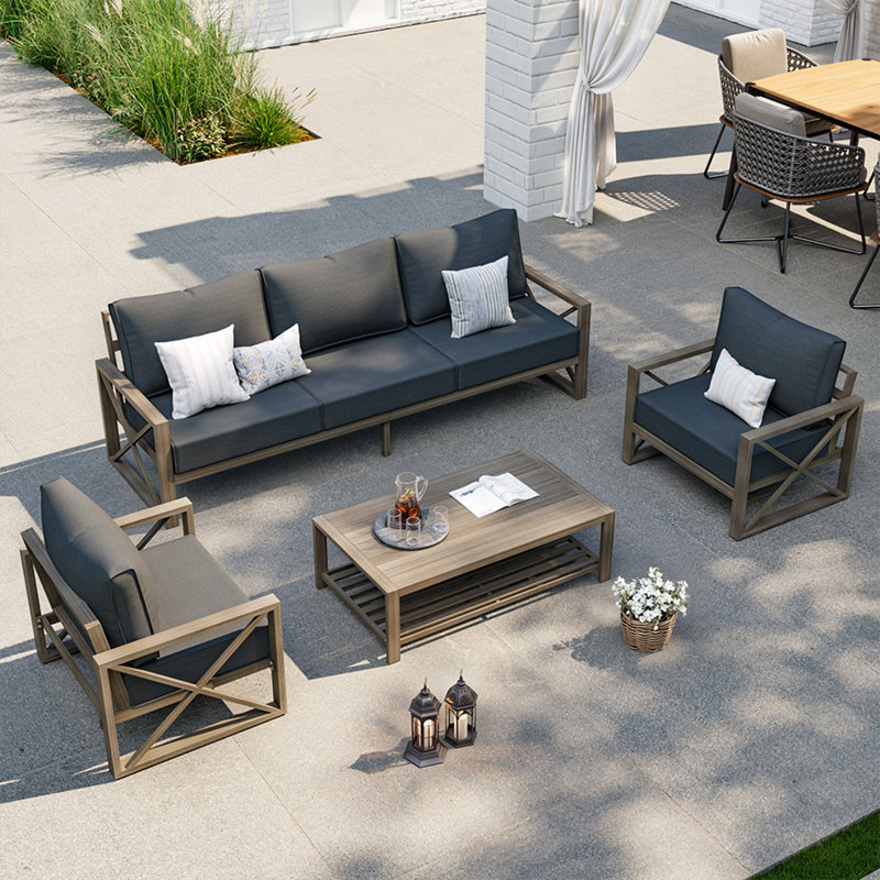 Ensemble de conversation moderne pour patio 4 pièces avec tissu en oléfine, Gris