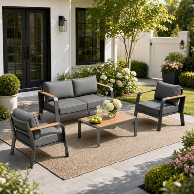 Ensemble de mobilier d'extérieur en aluminium avec table basse, ensemble de conversation de patio 4 pièces avec coussins épais, ensemble de canapé d'extérieur en métal toutes saisons pour bord de piscine, balcon et terrasse, sièges d'extérieur modernes
