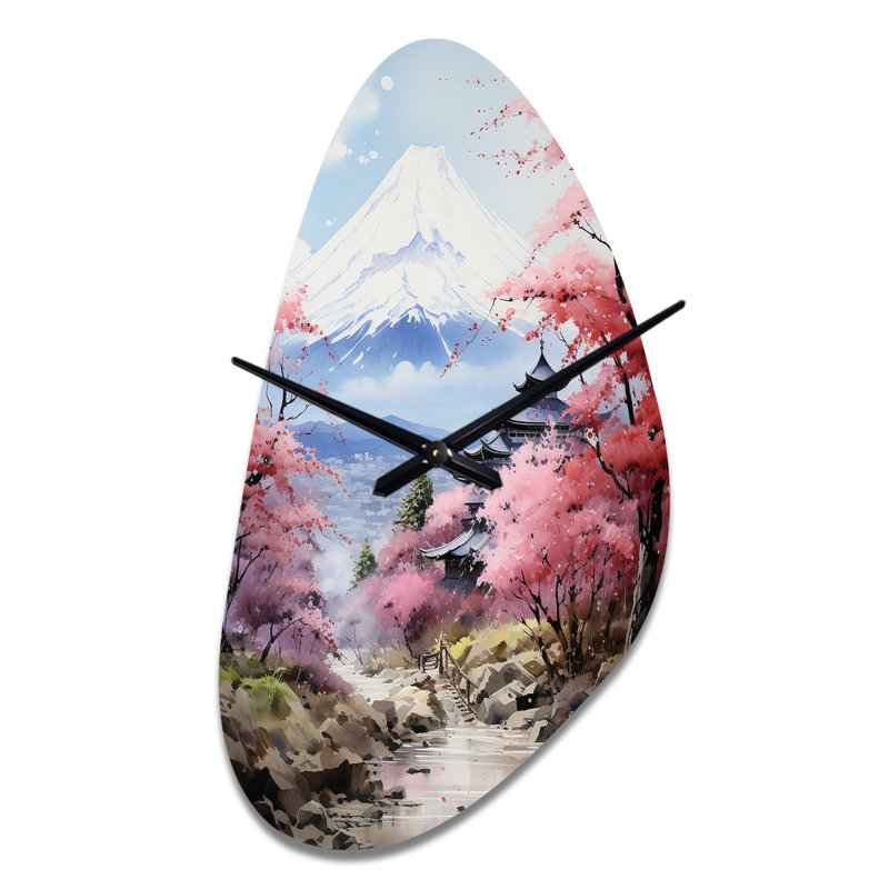 Art asiatique majestueux Mont Fuji III - horloge murale asymétrique en métal, horloge murale rose, Médium