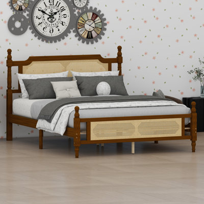 Bed Frame with Woven Headboard and Footboard Featuring Reinforced Central Support Platform
