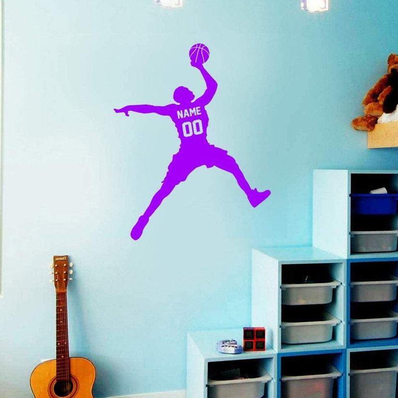 Décalcomanie murale Trinx Basketball Dunking Ball avec nom personnalisé - CS40, H 21 po x l 18 po, Violet, Oui