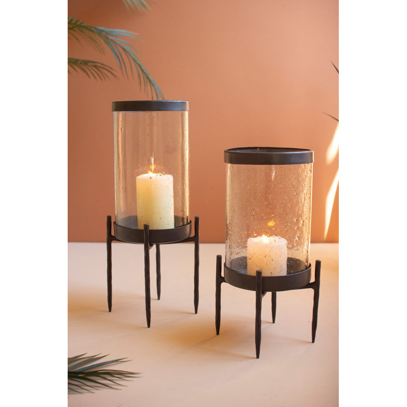  Ensemble de porte-bougie ouragan en fer et en verre de 2 - décor moderne de 17 po de hauteur