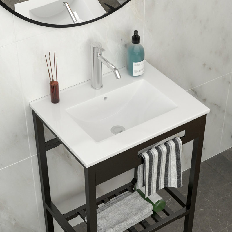 24" X 18" White And Black Bathroom Sink, Ceramic Console With Overflow, Porcelain, Easy Maintenance, Indoor/Outdoor Compatibility Use Overflow Support, Smooth Surface, Space - Saving Design, Good For