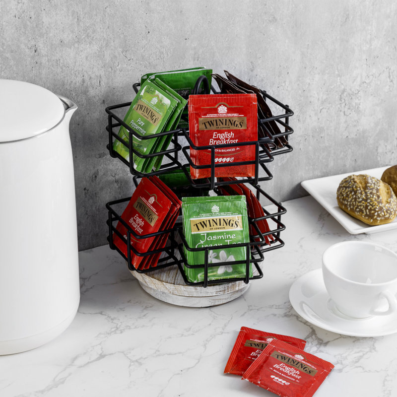 Black Rotating Tabletop Tea Storage With Wood Base