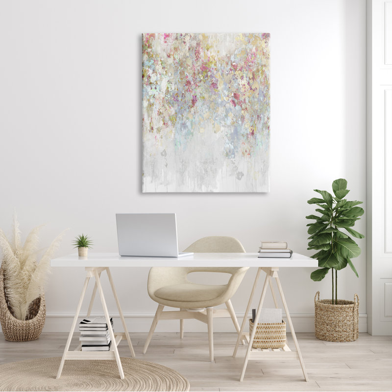 Peinture moderne moderne en cascade de fleurs roses, confettis par - Peinture, H 48 po x l 36 po x P 1,5 po, Toile tendue