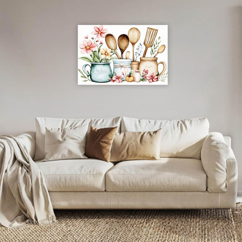 Outils de cuisine et fleurs pastel, sans cadre, art mural, l 36 po x L 24 po