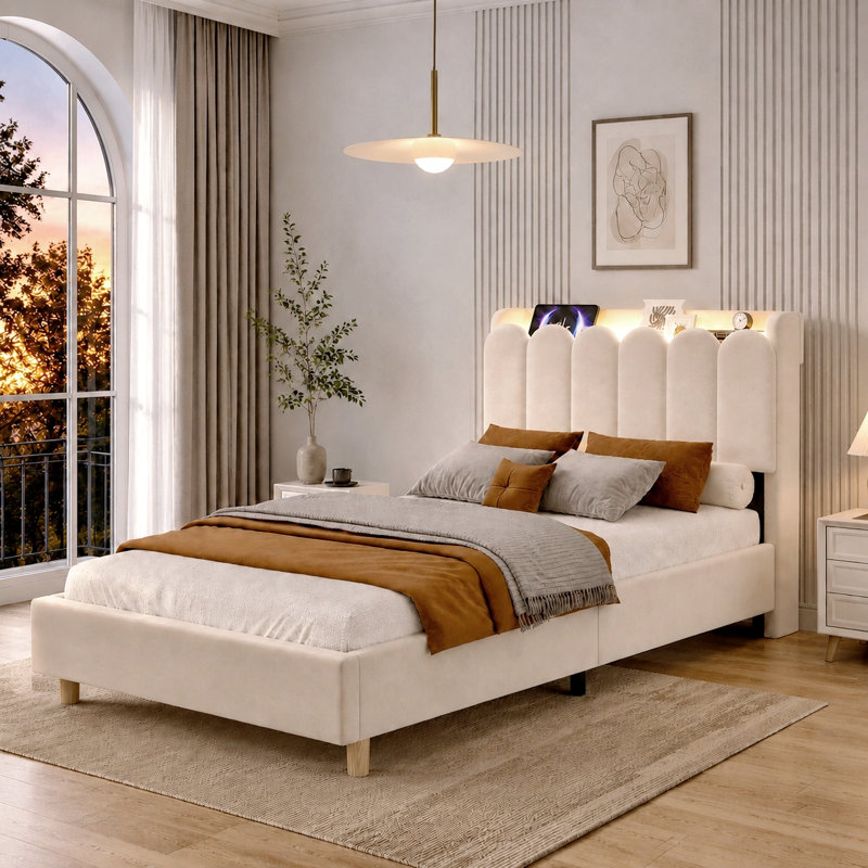Velvet Single Bed 90x190cm with Storage Headboard, USB-C Ports & Reading Light, Beige