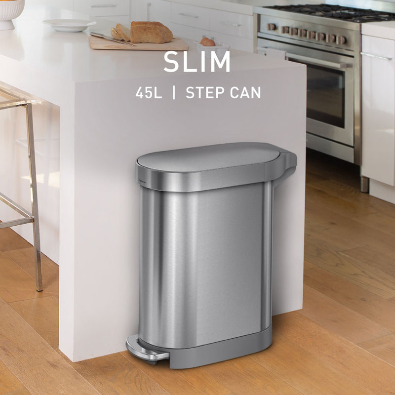 Simplehuman 45 L / 12 Gallon Slim Hands-Free Kitchen Step Trash Can with Liner Rim, Stainless Steel, Brushed Stainless Steel