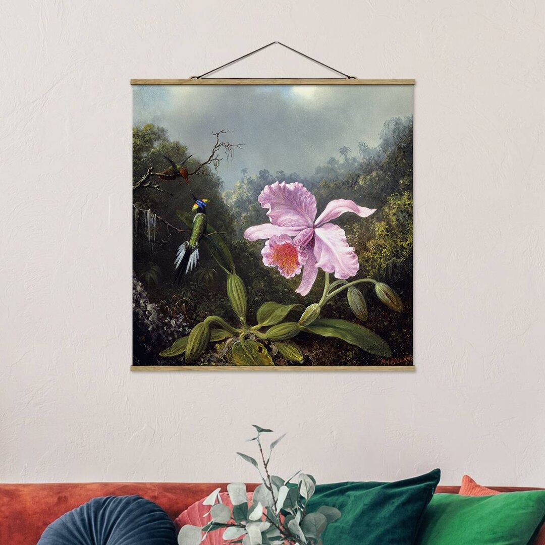 Stoffbild Stillleben mit Orchidee und zwei Kolibris von Martin Johnson Heade