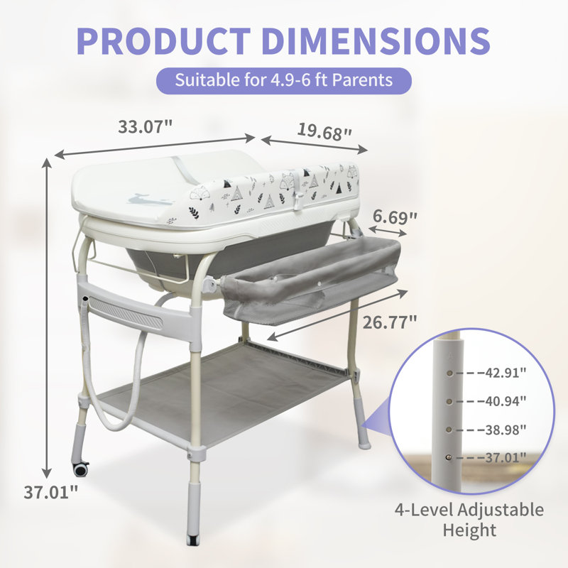 2 In 1 Baby Bathtub With Changing Table,  Waterproof Diaper Changing Station，adjustable Height Nursery Organizer With Storage Racks