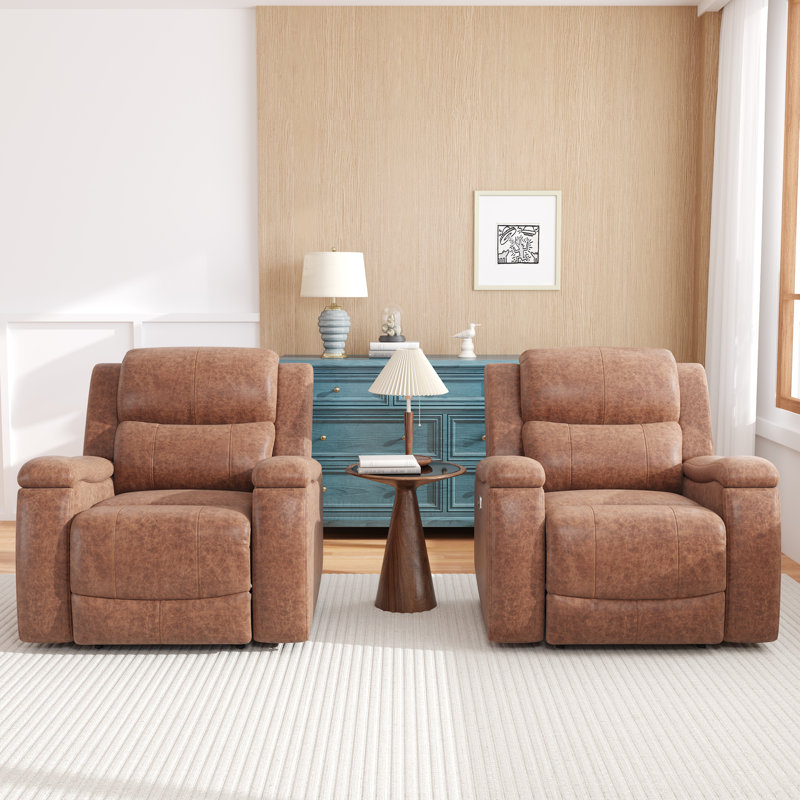 37" Wide Leather Power Recliner Chair With Hidden Cup Holder (Set of2)