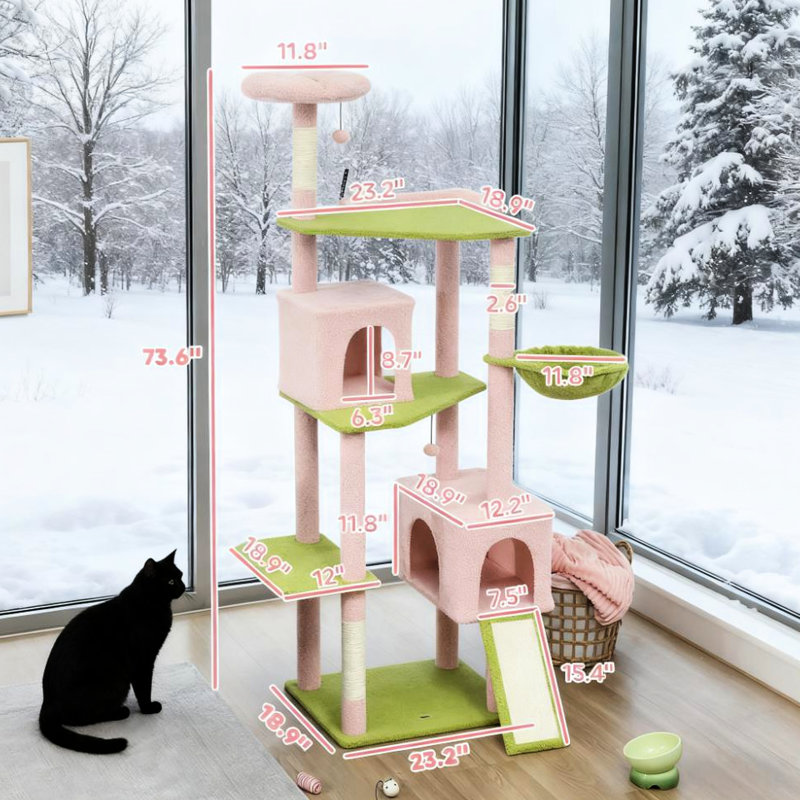 Arbre à chat de 73,6 po, conception de fantaisie florale, deux condos et grattoir, grand arbre à base élargie avec fantaisie, convient à 2 3 chats, zones à grattage multiples, stabilité de la sangle de pointe