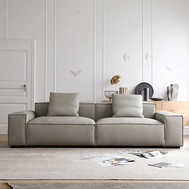 Gray Genuine Leather Modular Sofa cushion couch, 27.56" H x 102.36" W x 39.37" D