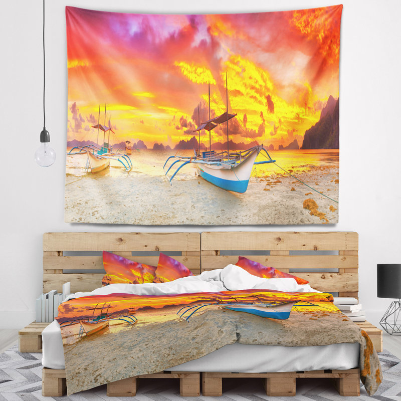 Bateau de paysage au coucher du soleil panorama tapisserie, H 68 po x l 80 po