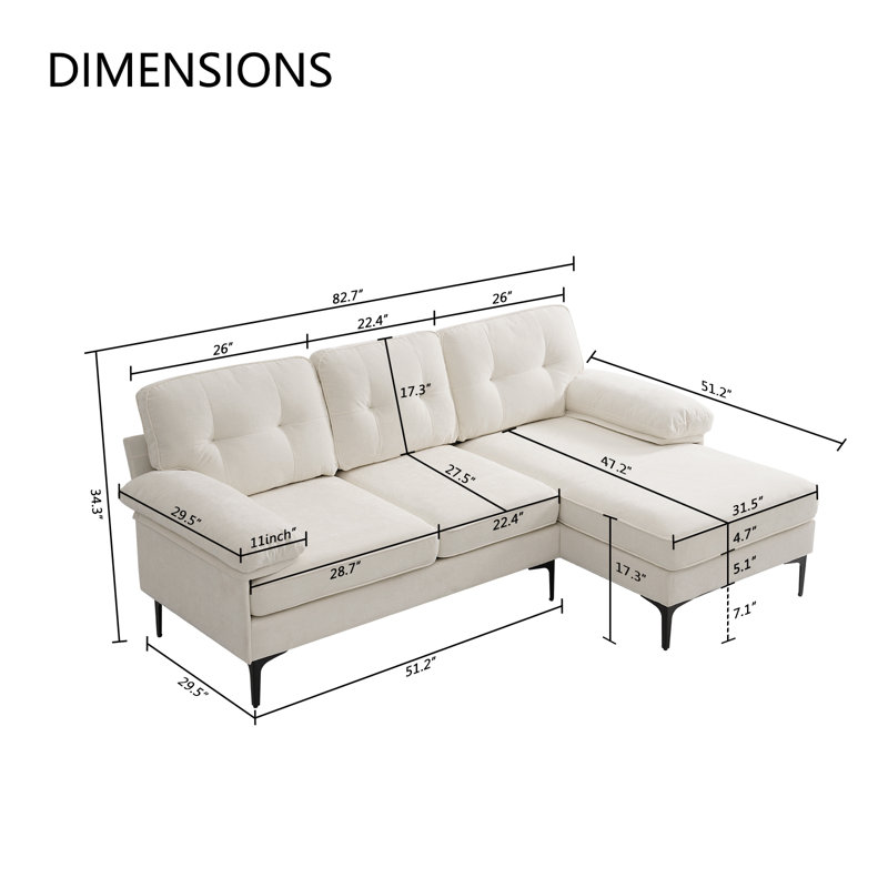Joseph-Alexander Upholstered Sectional 82.7" Wide Sectional Sofa with Chaise Chenille Fabric White Modular Design for Living Room